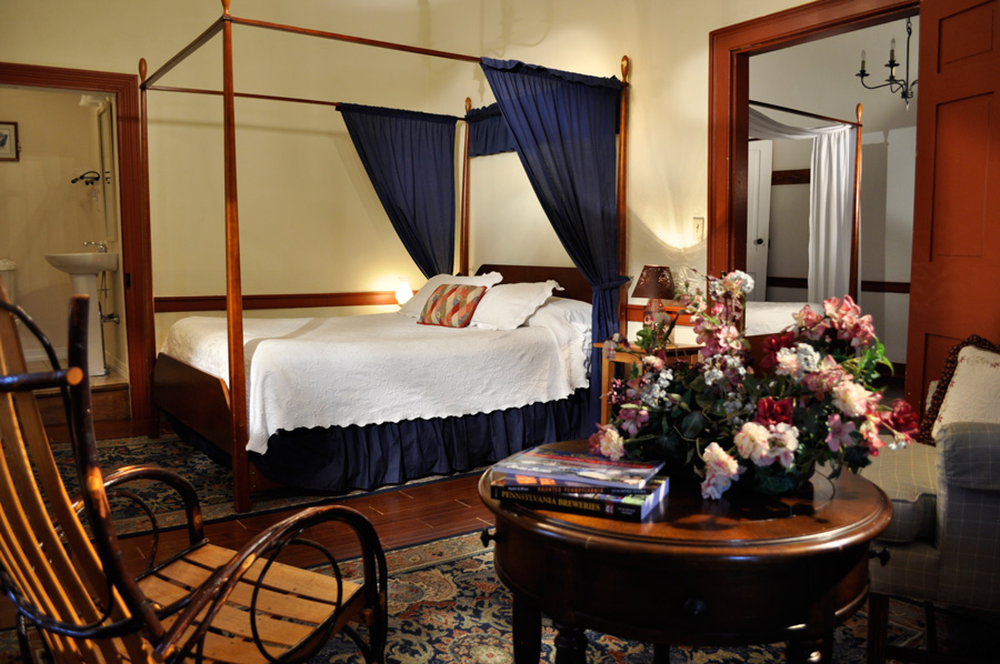 QueenBed_DSC0054 Adjoining rooms, each with a queen size four poster bed at the Jean Bonnet Tavern, Bedford, PA