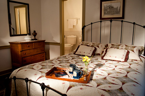 Queen size bed with private bath at the historic Jean Bonnet Tavern, Bedford, PA